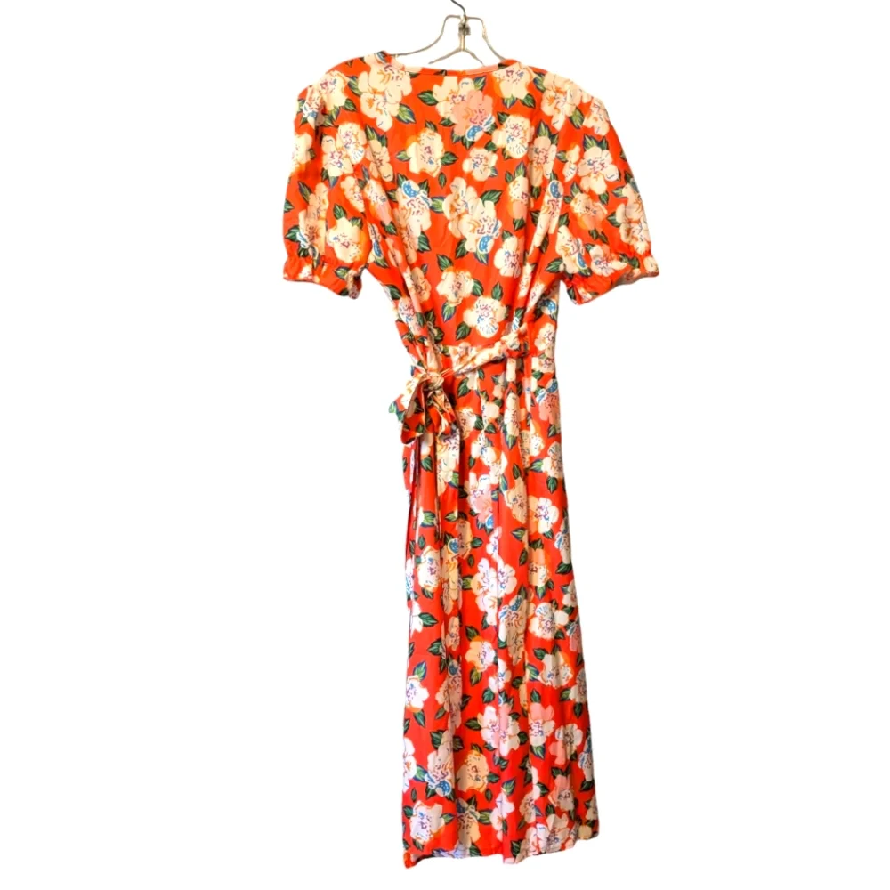 💥SALE💥 Romantic Orange Wrap Dress Floral Fluffy Sleeves Cross V Neck Sz L - Picture 4 of 10